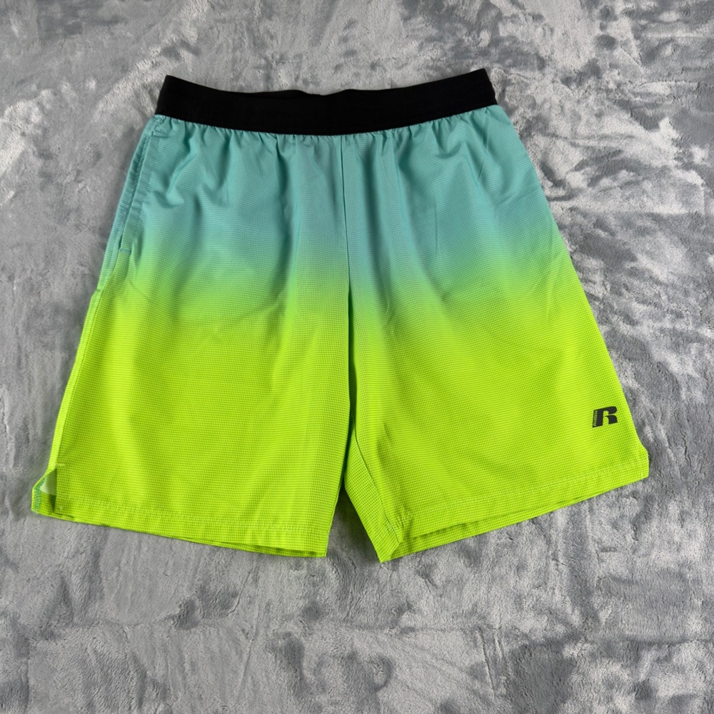 Russell Athletic Dri-Power 360 Ombre Performance Shorts Teal Lime Green XL 14-16